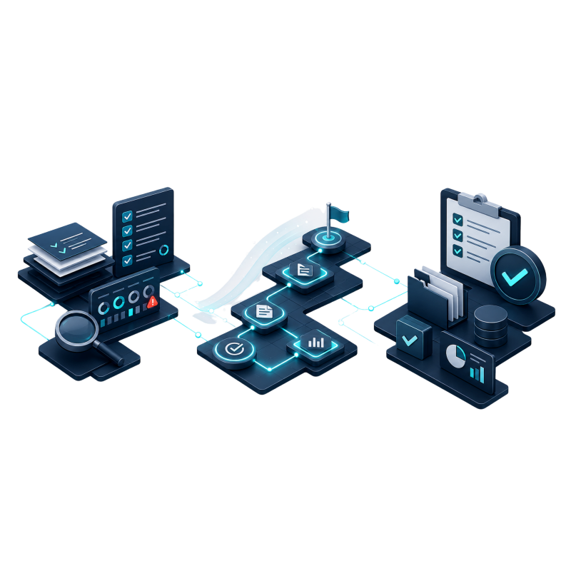 Digital infographic showing flowchart with documents, checklists, graphs, and folders representing data analysis and organization.