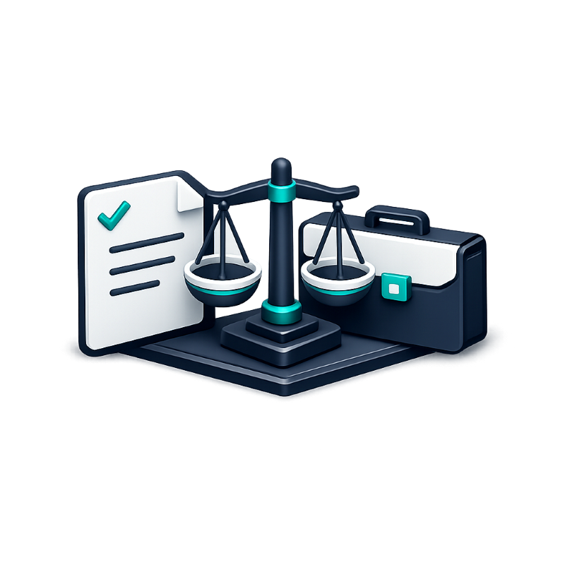 A 3D illustration of a legal balance scale, a clipboard with a checkmark, and a briefcase, representing law and justice.