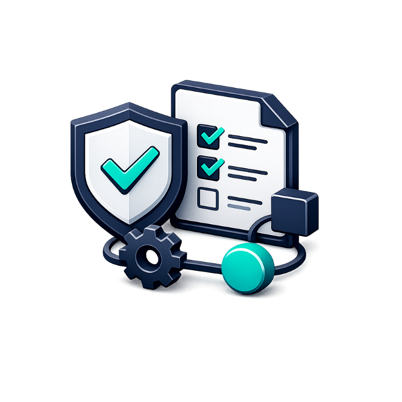 Digital security icons including a shield with a checkmark, a checklist with checkmarks, a gear, and a pointer, representing cybersecurity or online safety.