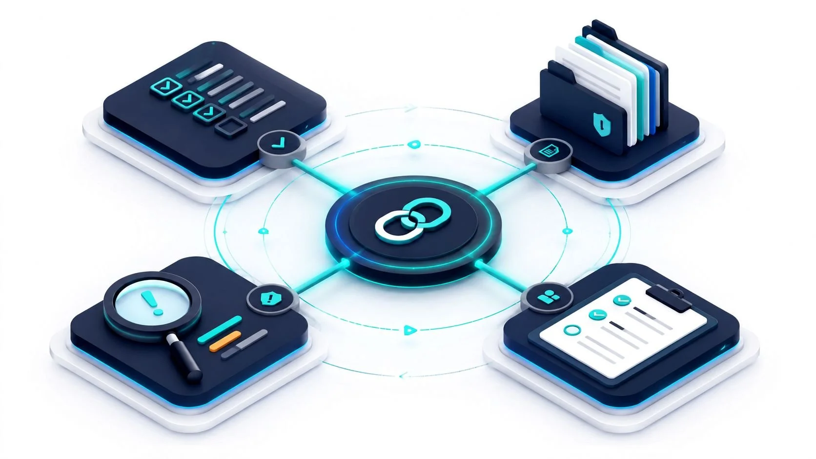 Digital illustration of interconnected cybersecurity and data management icons, including checklists, folders, a magnifying glass, and sticky notes, centered around a chain link symbol.