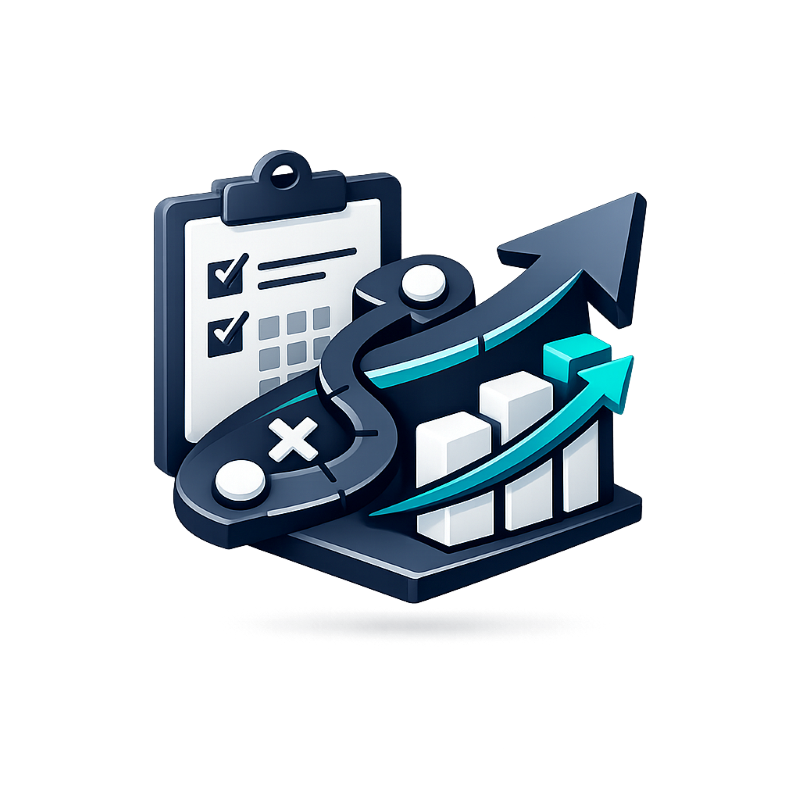 A 3D illustration of a business strategy concept featuring a clipboard, a graph with ascending bars, an upward arrow, and game pieces, all emphasizing growth, planning, and success.