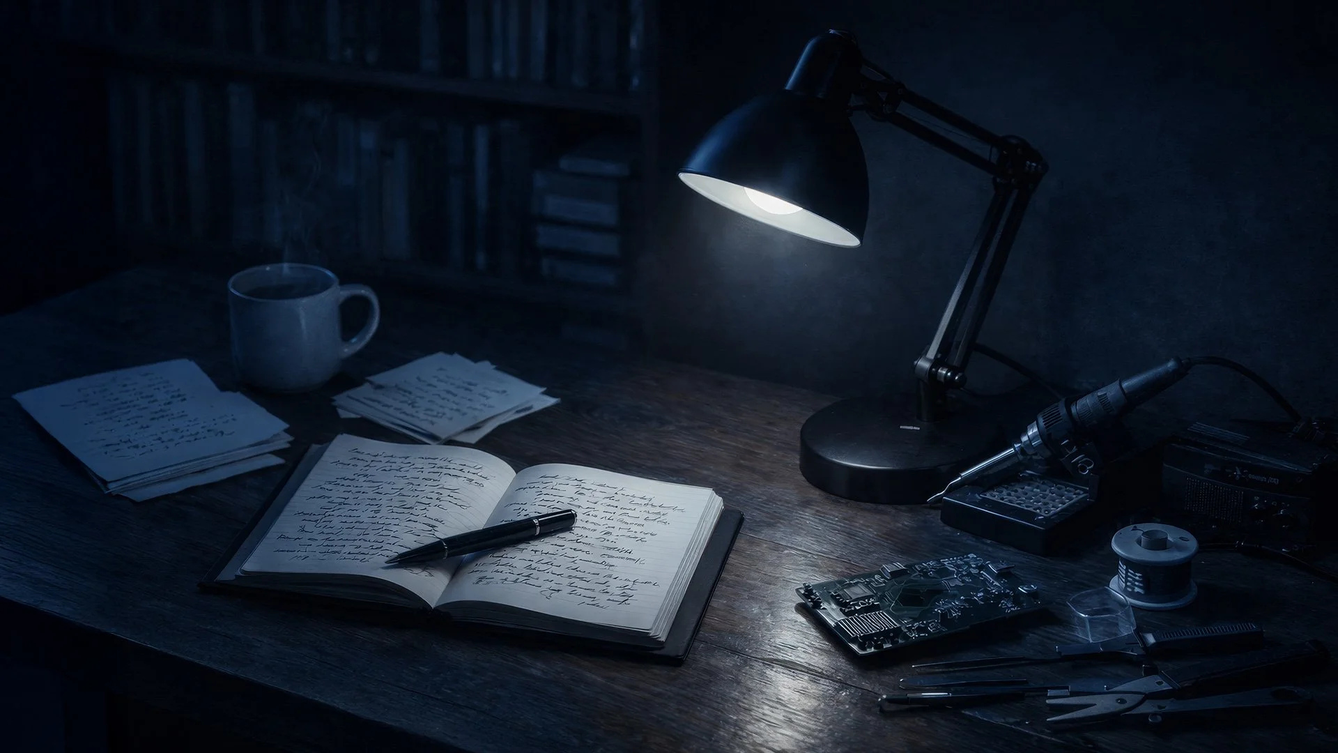 A desk with an open notebook, pages of handwritten notes, a pen, a coffee mug, a desk lamp illuminating the workspace, electronic components, a soldering iron, and scattered tools.