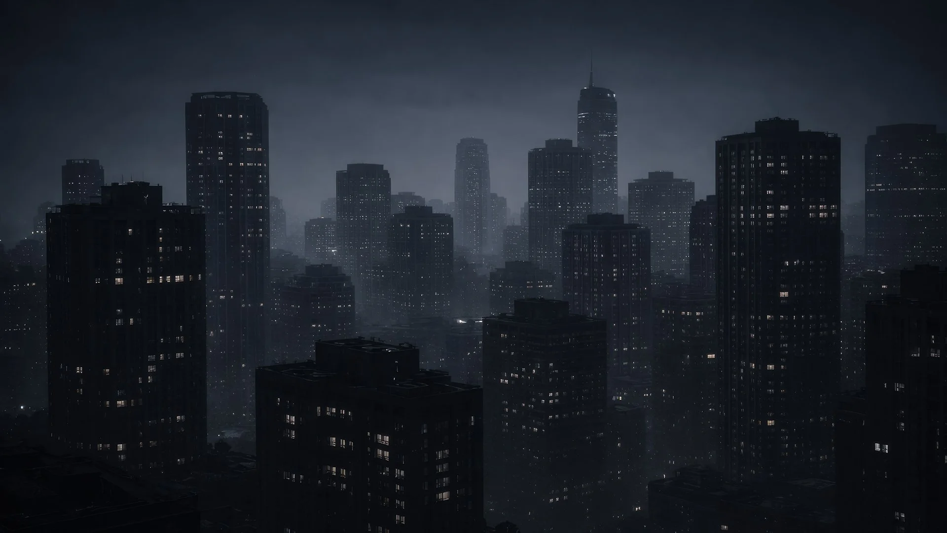 Nighttime cityscape of tall skyscrapers in a foggy, dark atmosphere with illuminated windows.