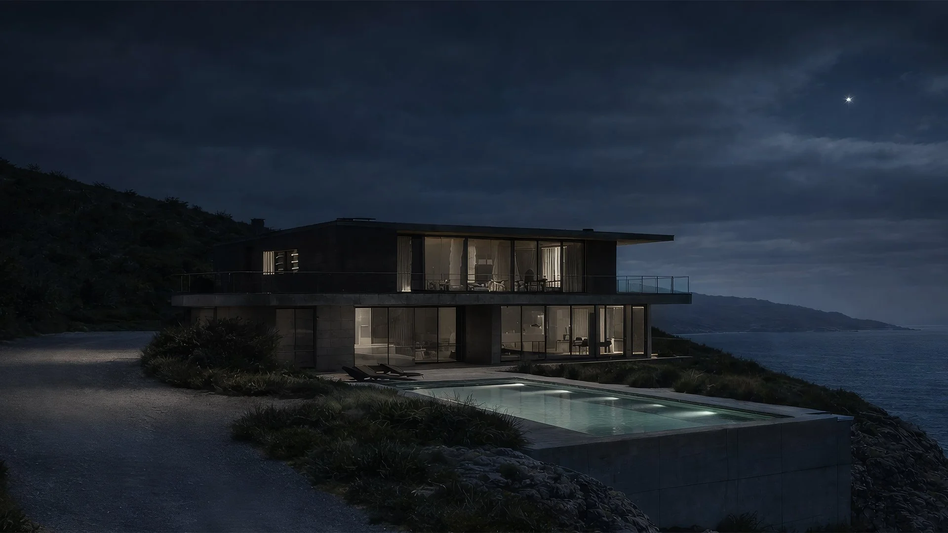 Luxury modern house built into a hillside with large glass windows, overlooking the ocean, illuminated from within, with a swimming pool nearby at night under a cloudy sky with a bright star or planet.