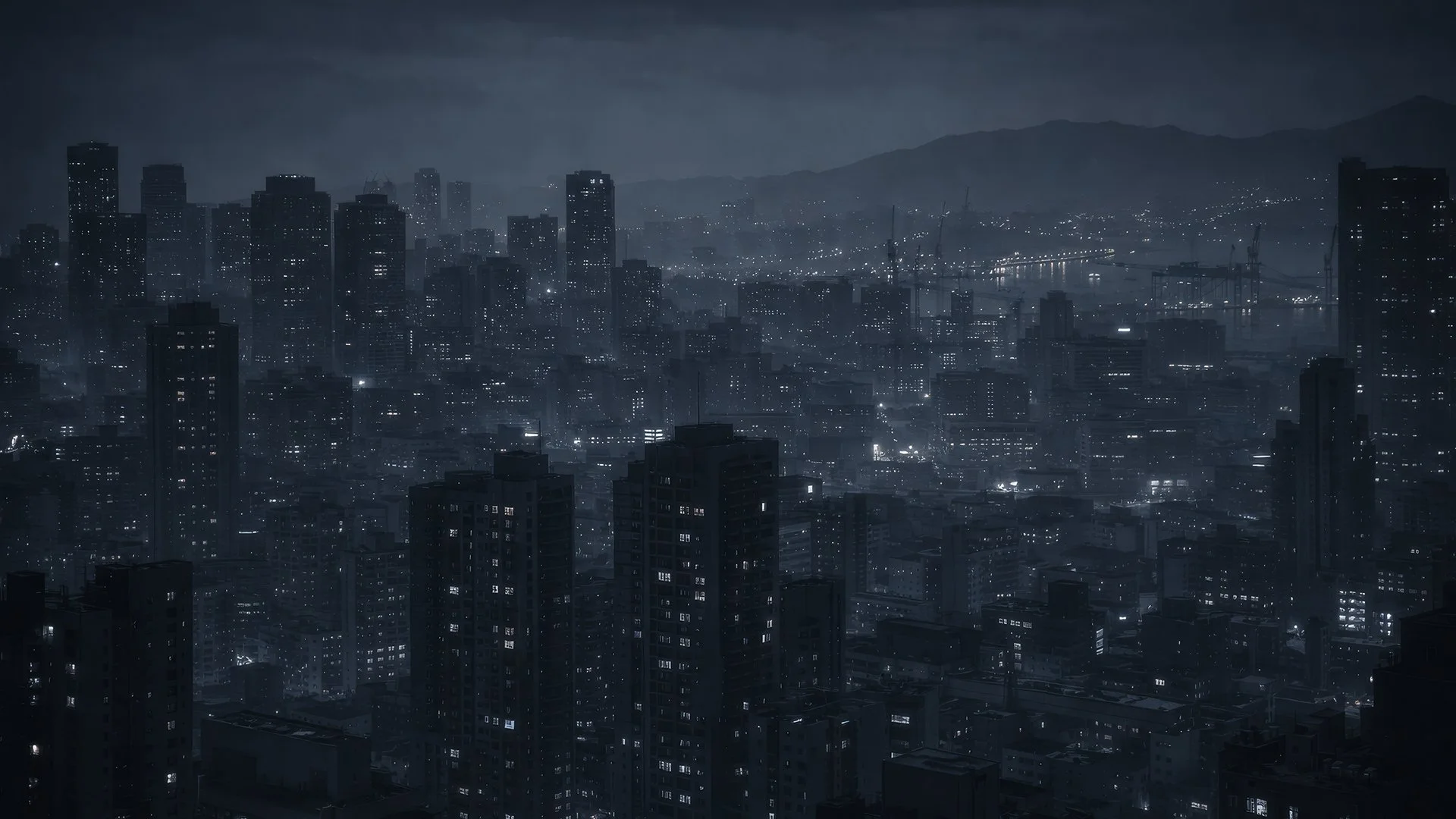 Nighttime city skyline with numerous high-rise buildings and lights, mountains in the background, and cranes indicating ongoing construction.