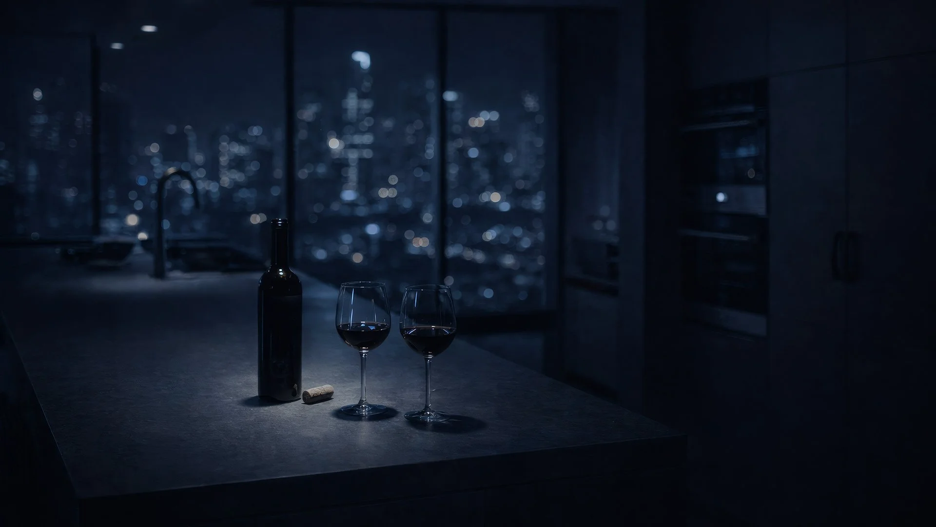 A dark kitchen with a view of city lights outside the window. On the kitchen counter, there is a bottle of red wine, two wine glasses filled with red wine, and a cork.