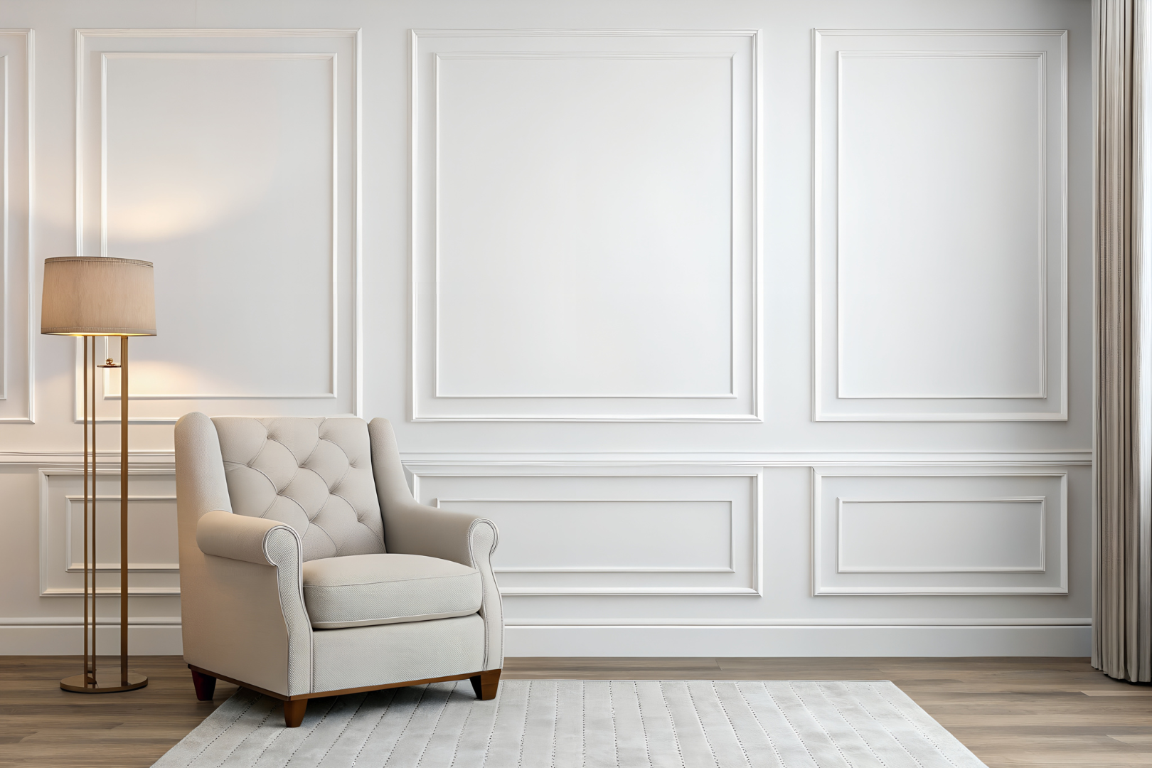 Elegant cream armchair next to a tall floor lamp with beige shade in a bright, white-walled room with decorative molding and a light-colored area rug.