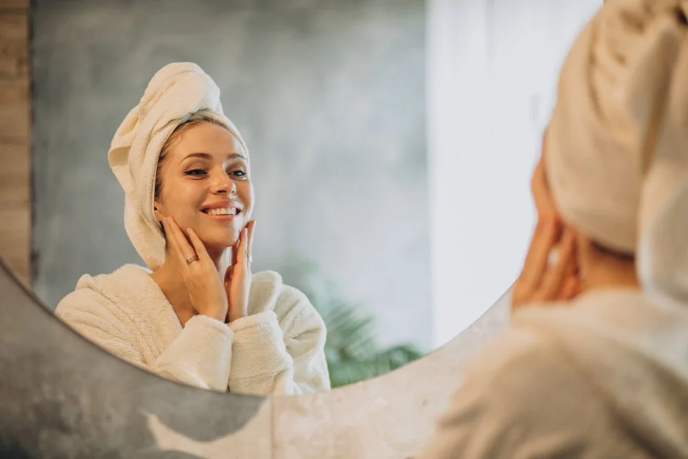 Woman with towel turban smiling at herself in bathroom mirror.