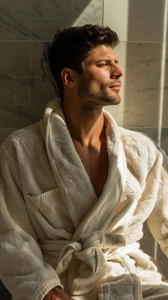 A man wearing a white bathrobe is sitting with his eyes closed, facing sunlight, against a tiled wall.