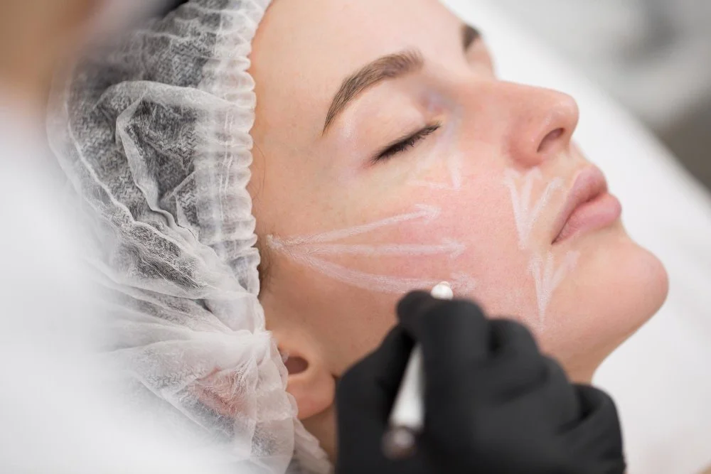 A woman receiving a cosmetic facial treatment, with markings on her face and a gloved hand holding a tool near her cheek.