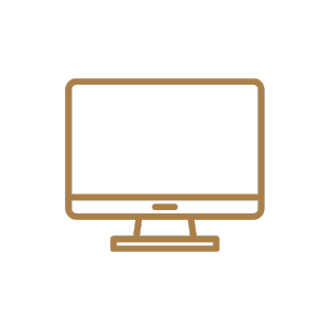 Outline of a computer monitor in gold on a black background.