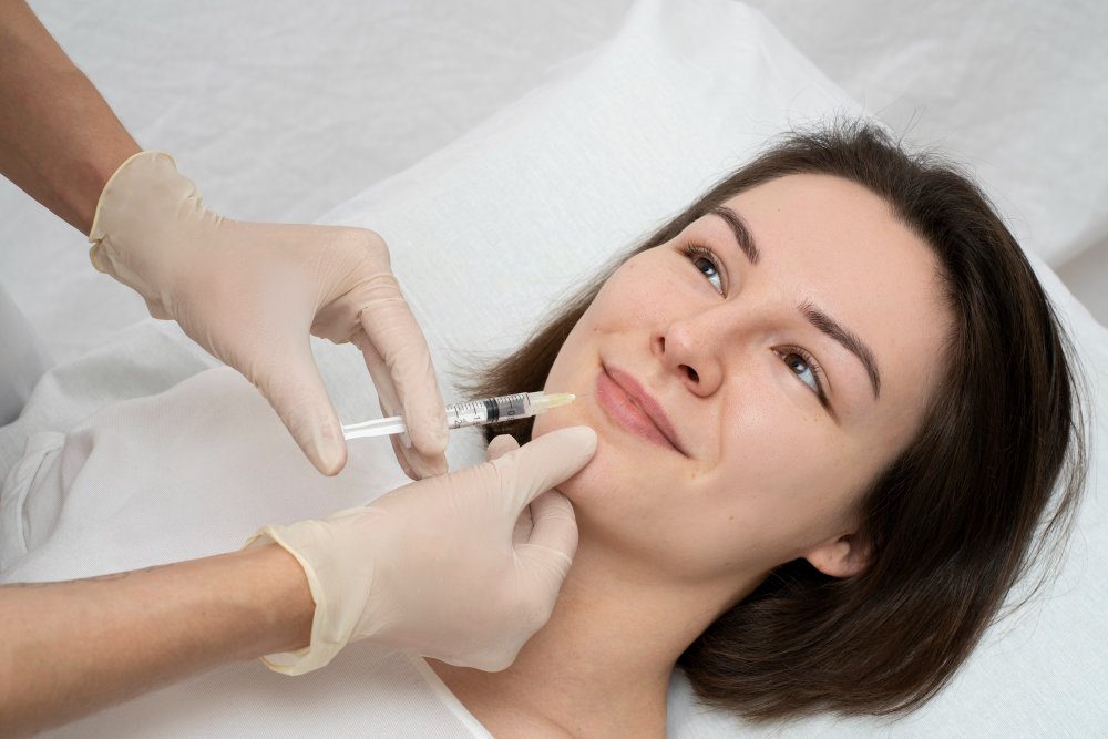 A woman receiving a facial injection from a medical professional wearing gloves, lying on a treatment bed.