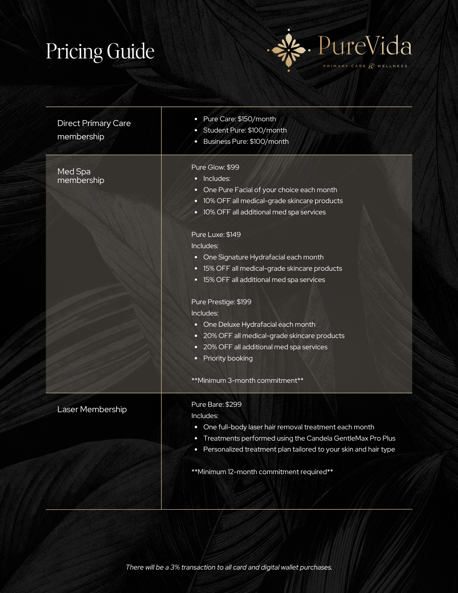 Pricing guide for PureVida wellness services, including membership options for primary care, med spa, laser, and skincare treatments.