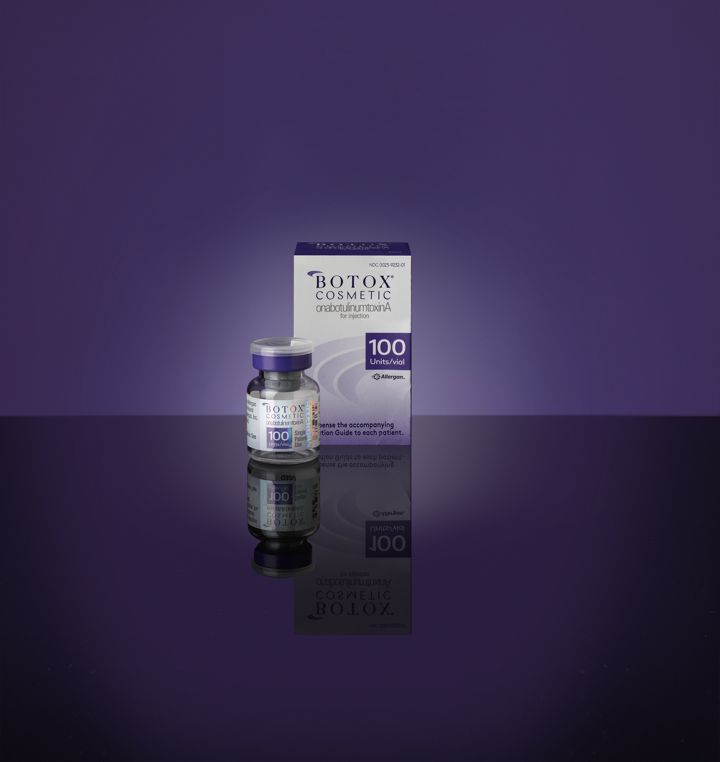 A small vial of Botox Cosmetic next to its packaging box, both reflected on a dark, glossy surface, with a purple background.