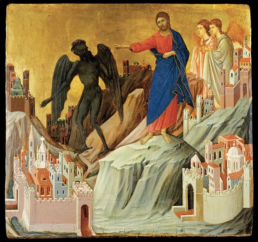 Painting of Jesus Christ walking on a rocky path with a group of angels following behind, reaching out towards a dark winged creature, with a cityscape of buildings and castles in the background.