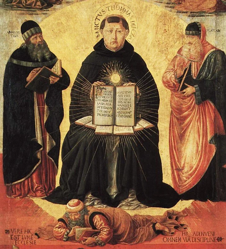 A religious painting depicting a central figure with a halo and open book, flanked by two saints or apostles holding scrolls or books. A person lies prostrate at the feet, reading a book. The background features a golden halo with Latin inscriptions.