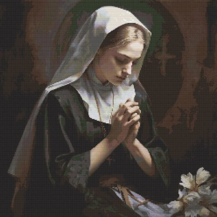 A woman dressed as a nun with her hands clasped in prayer, head bowed, and eyes closed, in prayerful pose.