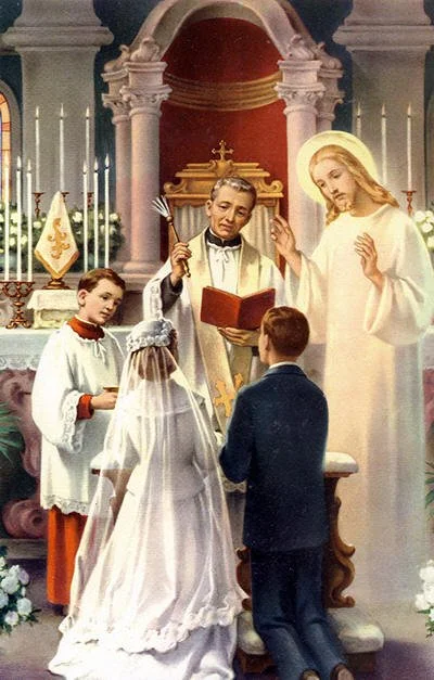 A religious wedding ceremony in a church with a priest, a bride in a white gown, a groom in a dark suit, and a young boy and girl standing nearby.