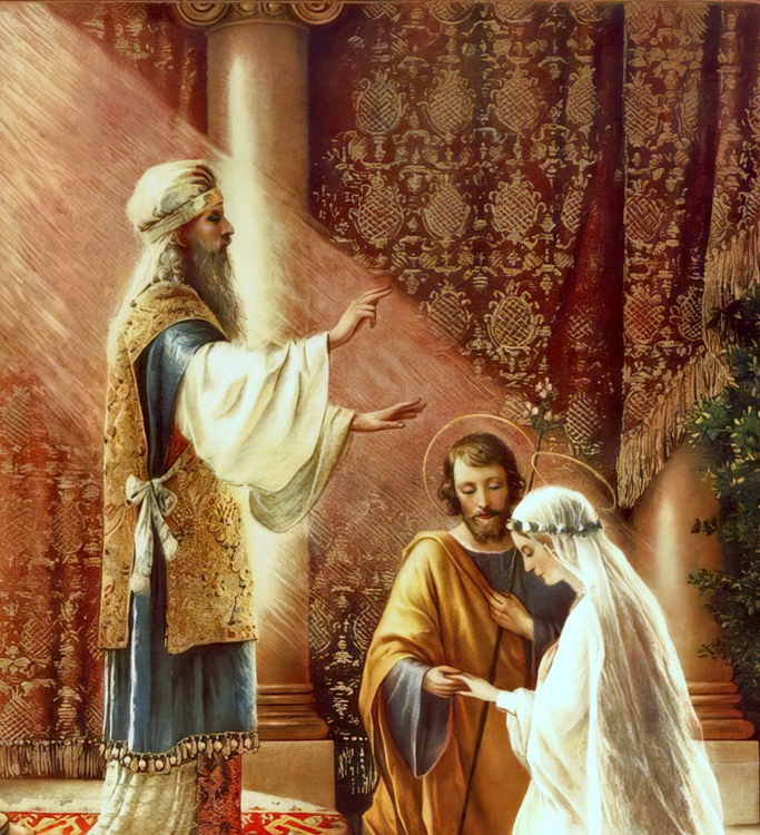 Religious painting depicting a biblical scene with a divine figure blessing two others, one man and a woman, in an ornate setting with detailed curtains and decorative elements.