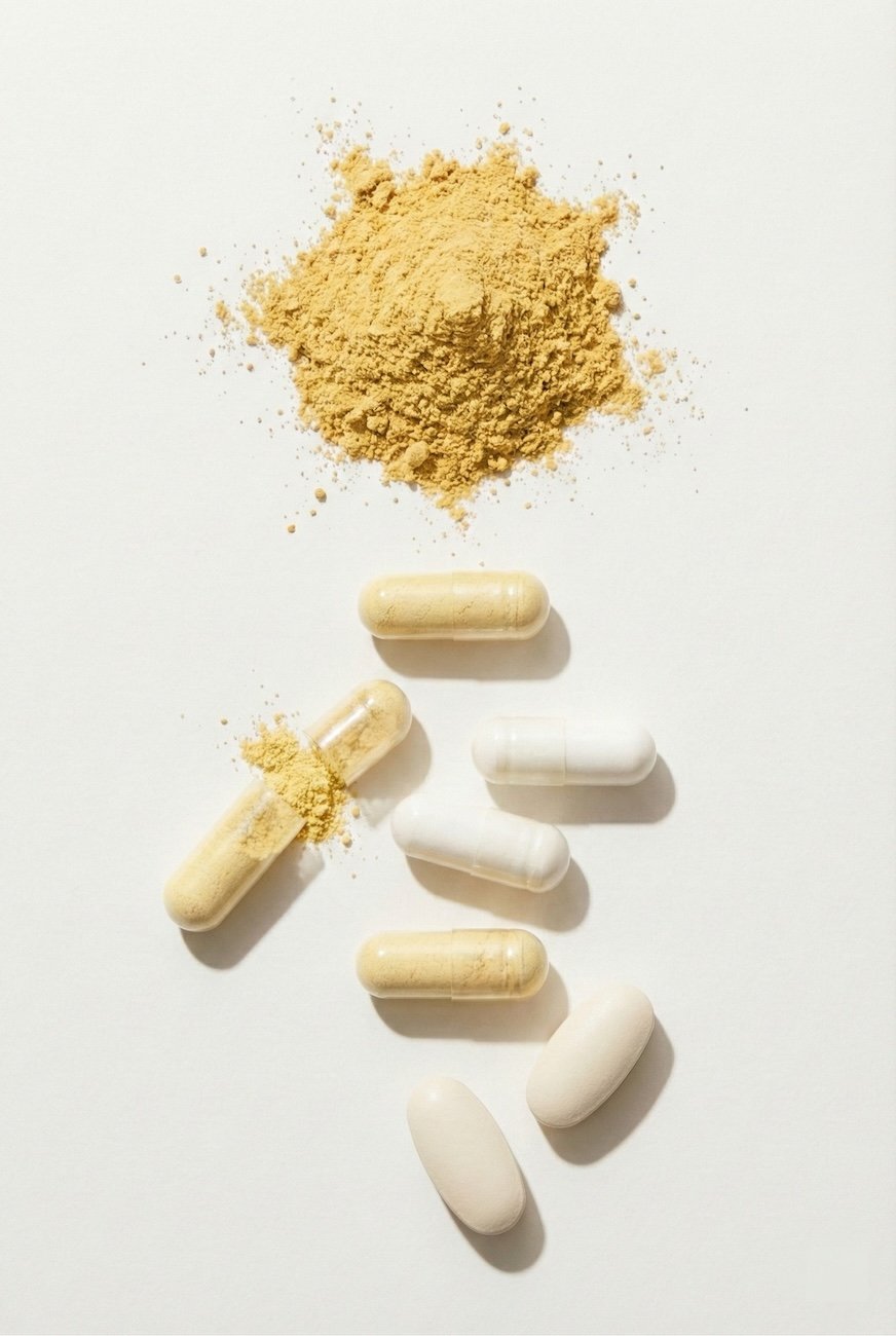 Longevita Wellness clinic consultation room in Bendigo Various capsules and powder supplement on white background.