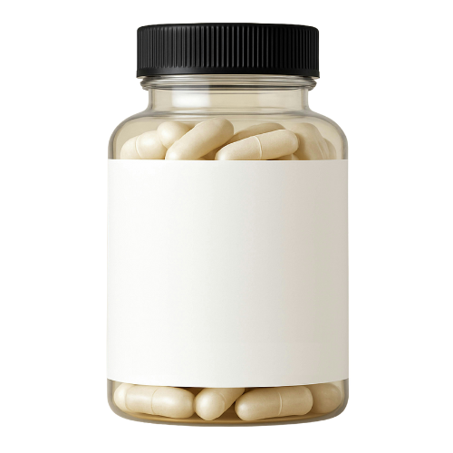 Bottle of white dietary supplement capsules with blank white label. Custom natural medicine formulations and practitioner-only supplements
