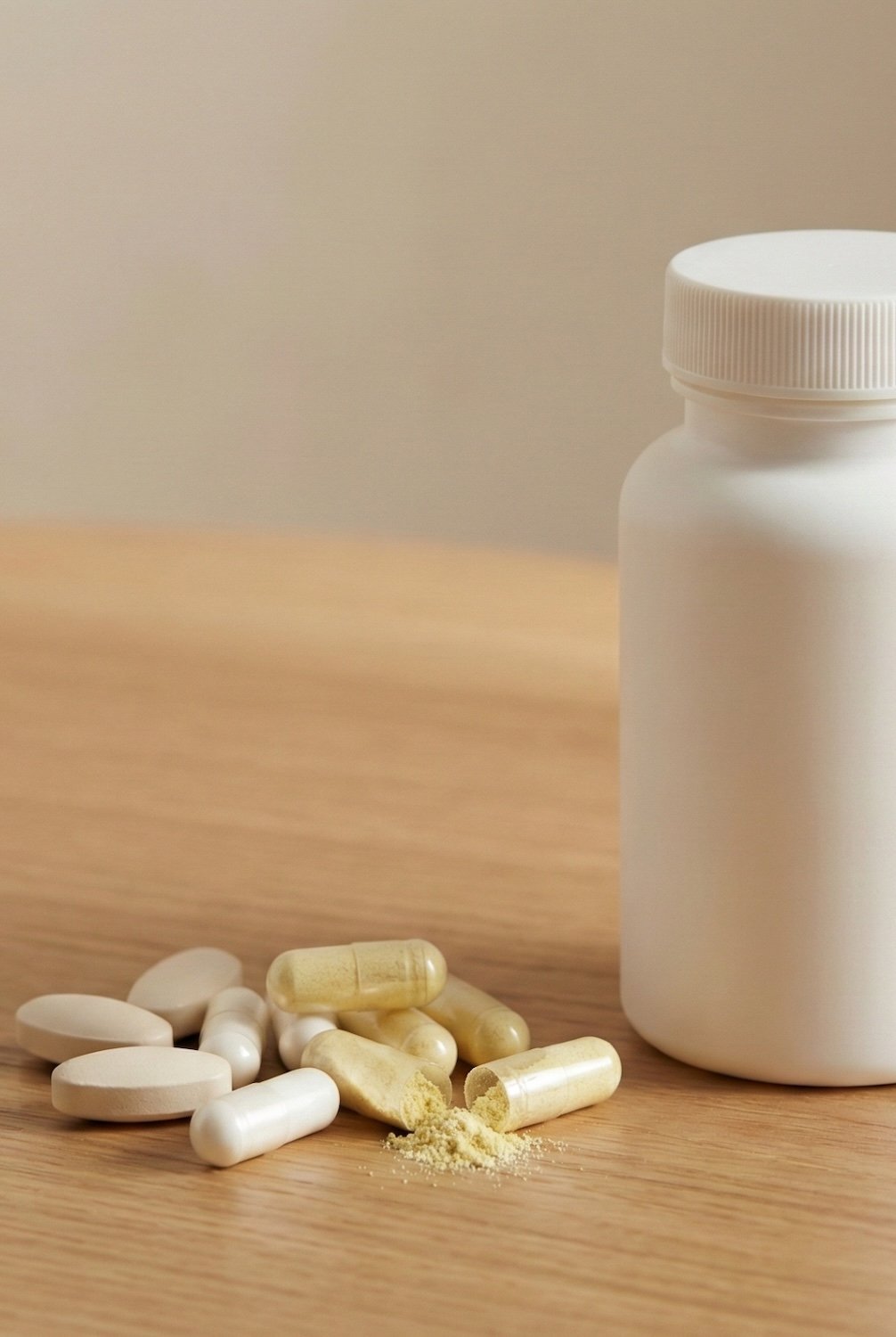 Longevita Wellness clinic consultation room in BendigoA white bottle with a child-proof cap, several pills and capsules, some of which are open and spilling powder, on a wooden surface.
