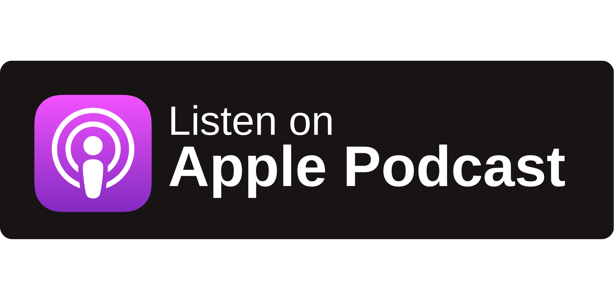 Podcast app banner with purple icon and white text encouraging to listen on Apple Podcast.