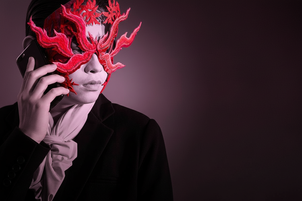 A person wearing a black outfit holding a phone to their ear. They have a mask with red coral-like protrusions covering their eyes and forehead, with white makeup on their face and neck, and a pink ribbon tied around the neck.
