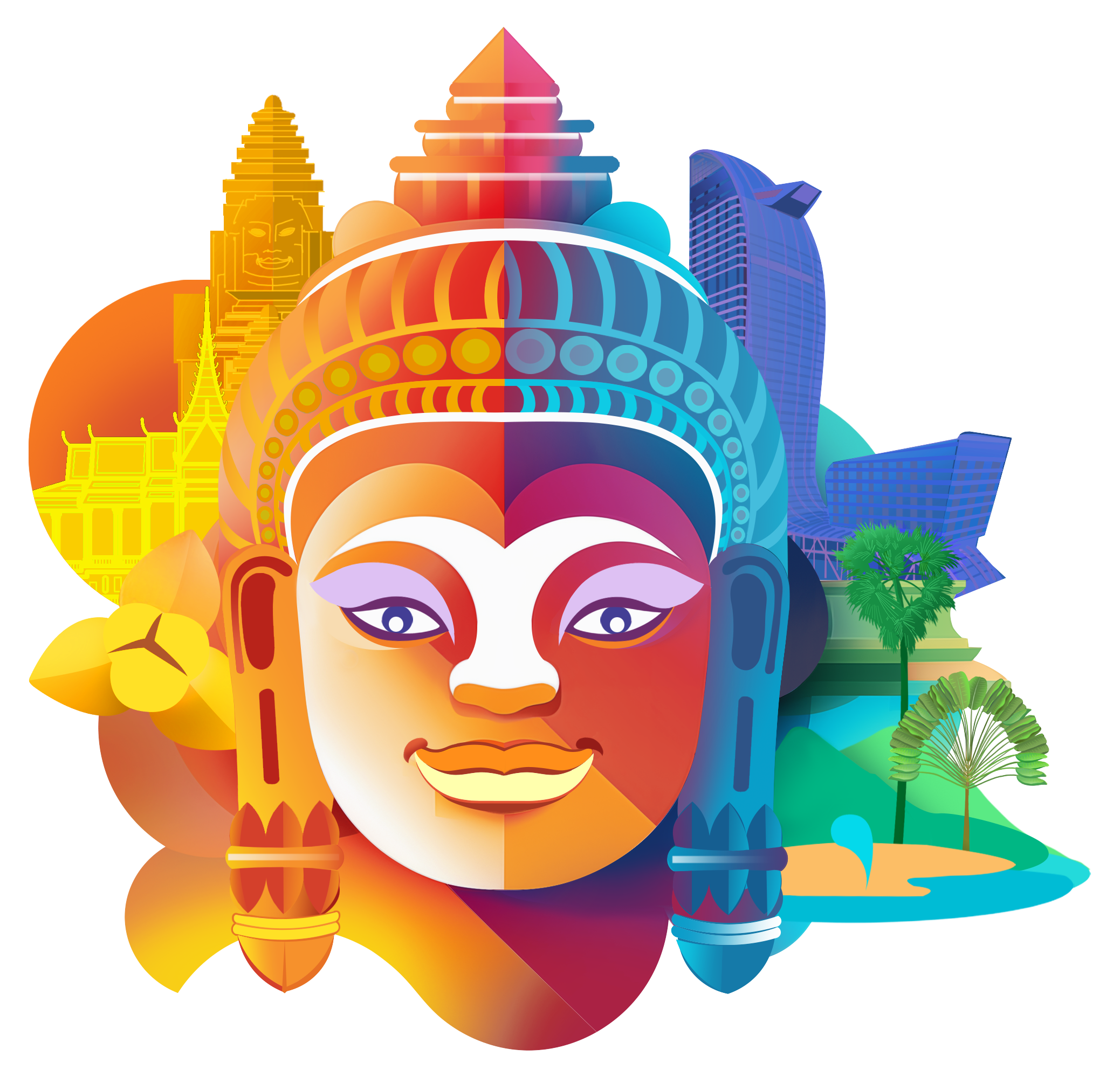 Colorful digital illustration of a smiling woman's face with traditional and modern Asian architecture, trees, and a cityscape in the background.