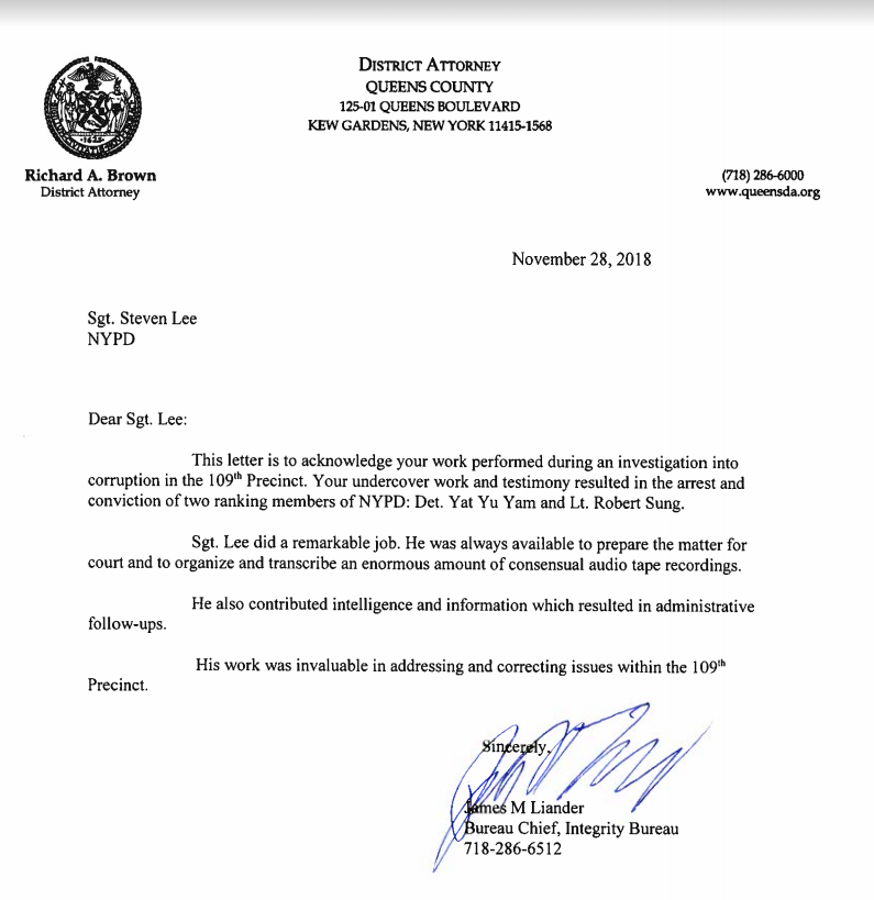 November 28, 2018 letter from James M. Liander, Bureau Chief of the Integrity Bureau, Queens County District Attorney's office, acknowledging Steven Lee's undercover work and testimony