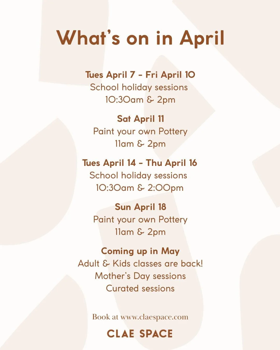 We've got a busy month of School Holiday sessions and Paint your own Pottery coming up 🫶 🎨

We'll be wrapping up the month with a mini-studio reno to get ready for our Adult, Kids and Tween classes coming back at the start of May 👏

Followed by ou