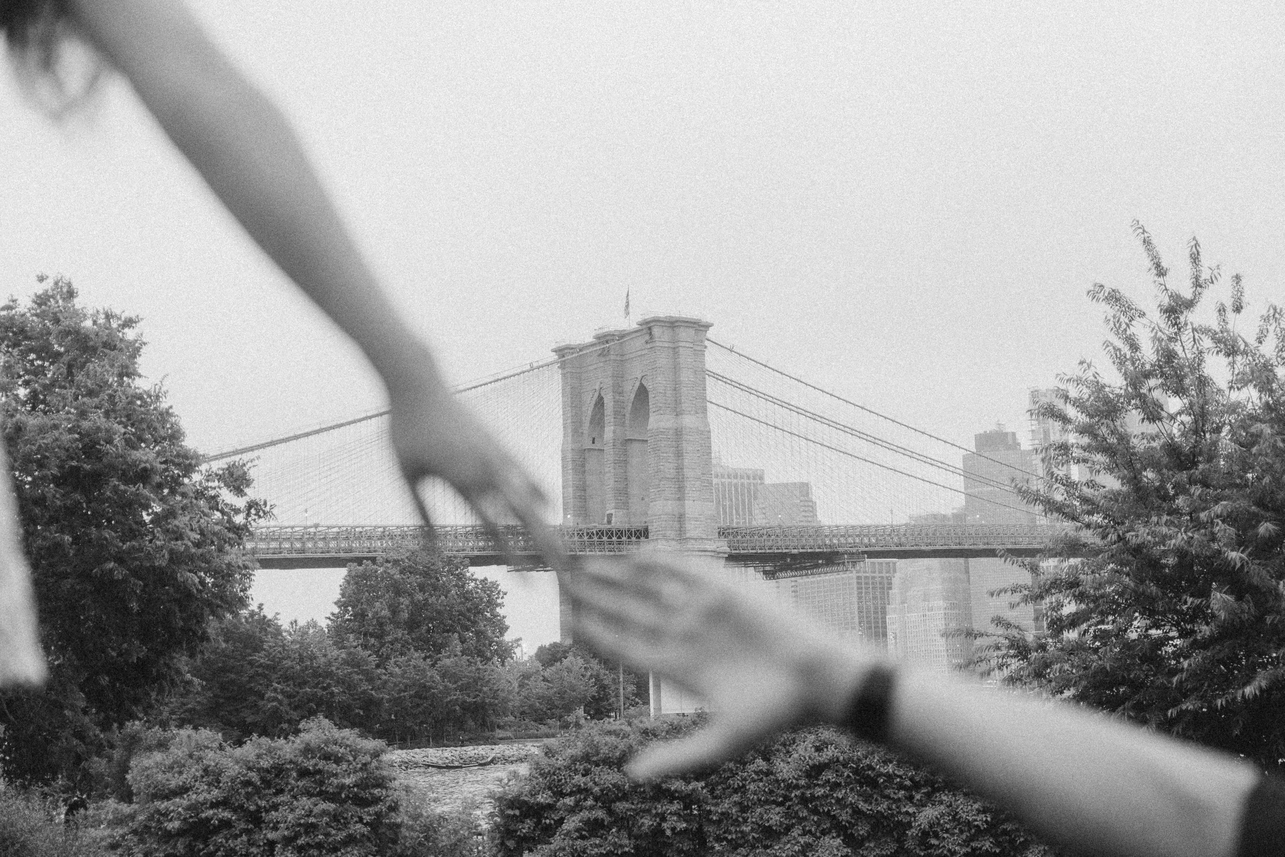 Black and white photo of the Brooklyn Bridge with trees in the foreground and skyscrapers in the background.
