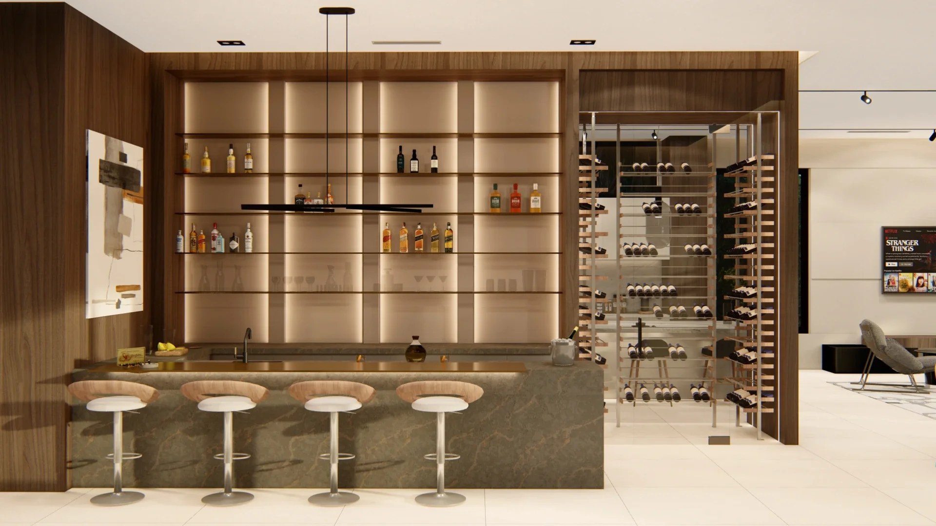 Modern home bar with backlit wooden shelves holding various bottles of liquor, a marble countertop with barstools, and a wine storage area to the right.