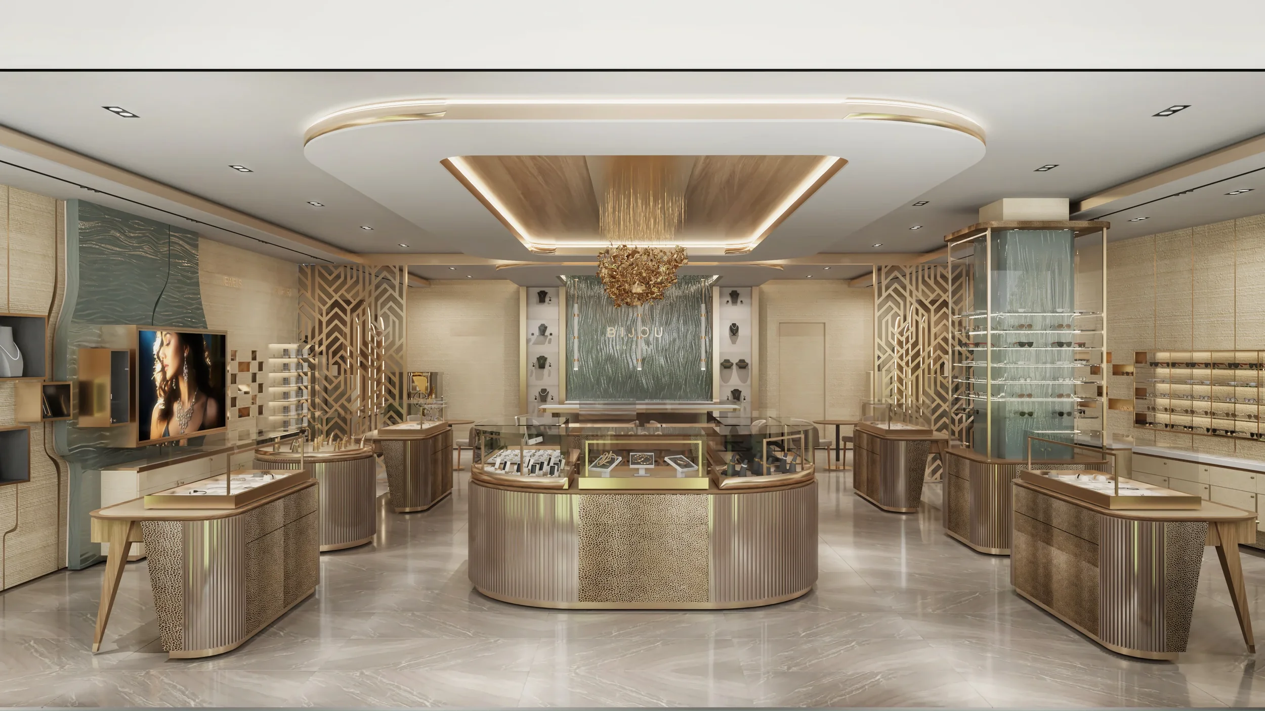 Modern open-concept living room and kitchen with marble countertops, a television, and contemporary artwork on the wall.