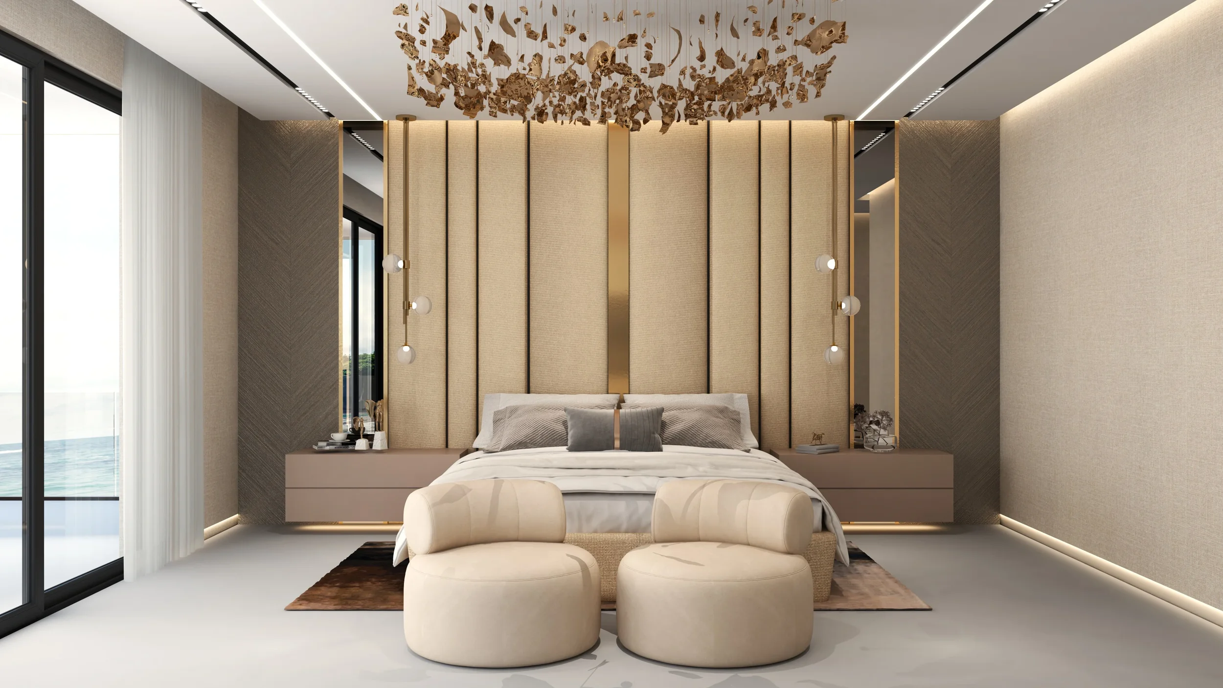 Modern bedroom with a neutral color palette, a large bed with multiple pillows, two beige ottomans at the foot of the bed, and a stylish feature wall with vertical gold accents. There's a chandelier overhead, side tables with decor, and sliding glass doors with curtains leading to a balcony with a view of water.