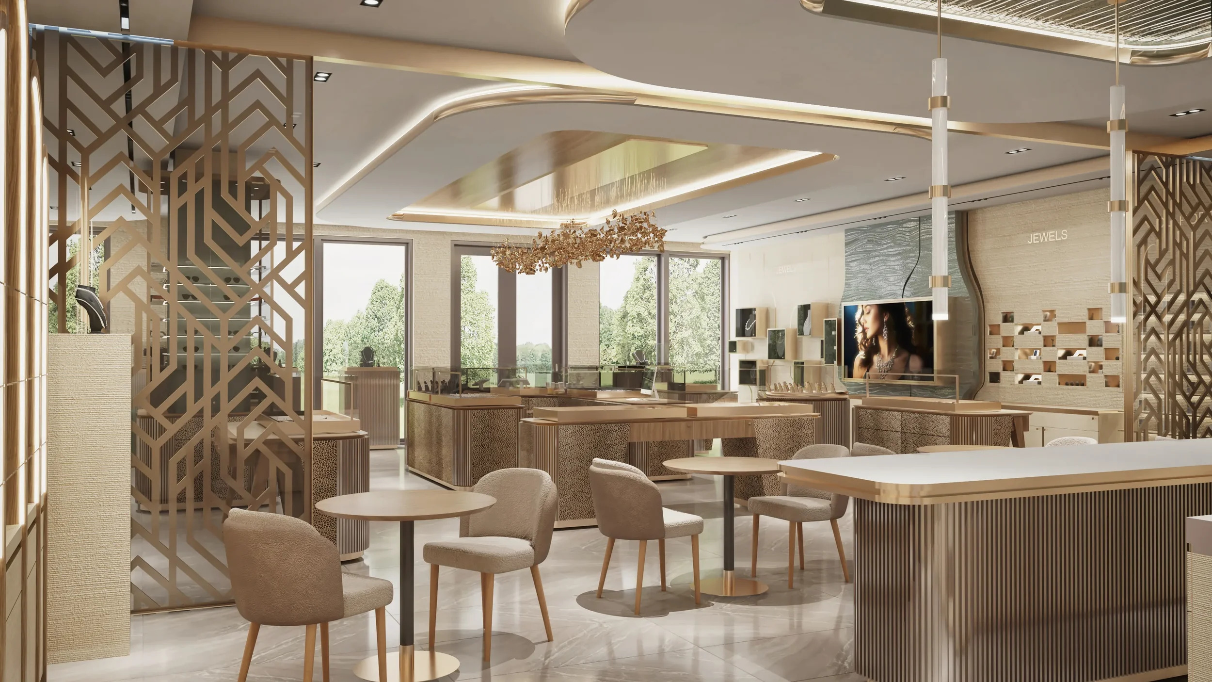 A luxurious living room with black paneled walls, ornate mirrors, and a modern chandelier, furnished with off-white, curved sofas and gold accent tables.