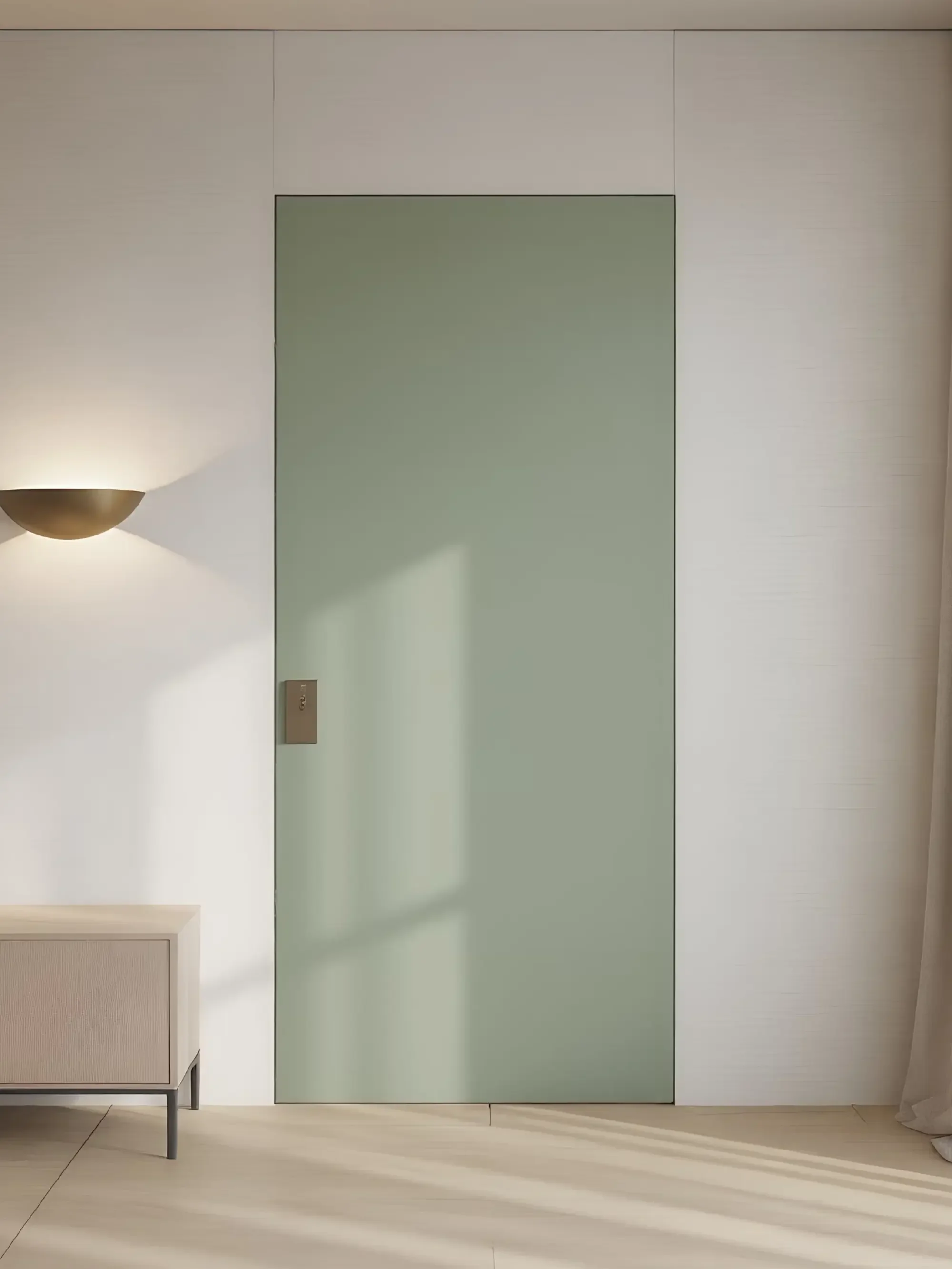 A closed sliding door painted in a light, muted green color, with a small metallic handle on the left side. The door is set into a white wall, with a partial view of a beige cabinet with black legs on the left, and a wall-mounted light fixture casting a soft shadow on the wall adjacent to the door. The floor is light-colored wood.
