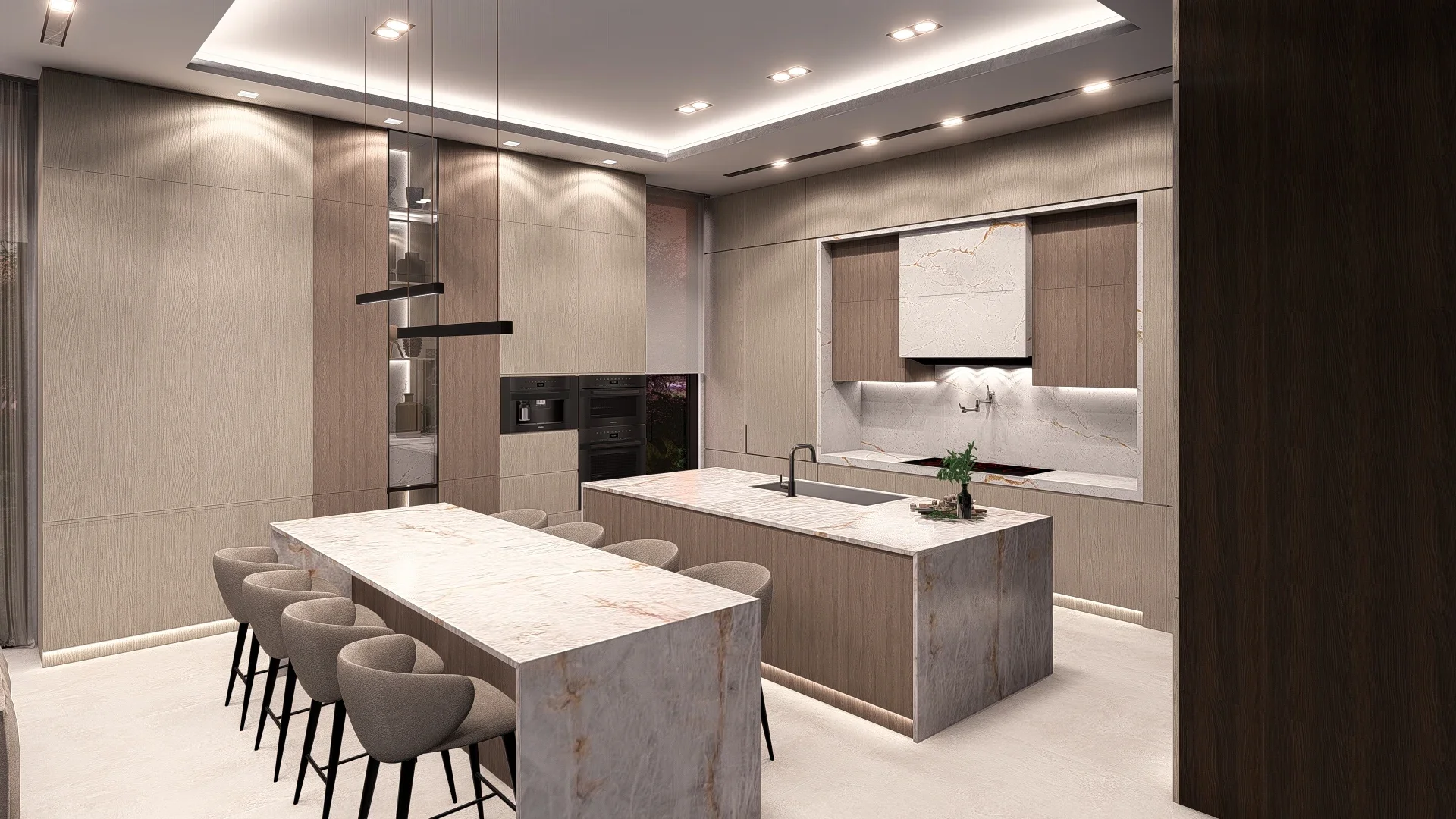 Modern kitchen with marble countertops, beige and dark wood cabinets, a large island with a sink, and a dining table with eight chairs.