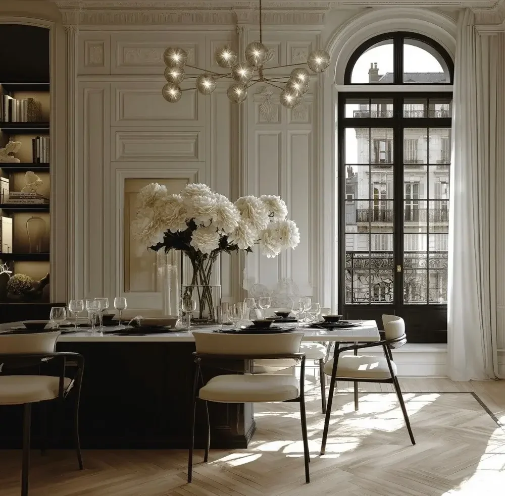 Elegant dining room with large window, modern chandelier, white flowers centerpiece, black and white tableware, and built-in shelving with decorative items