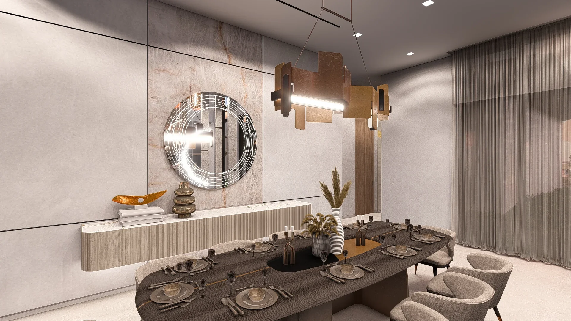 Modern dining room with a dark wood table set with plates and glasses, surrounded by beige chairs, a large decorative wall mirror, a beige sideboard with decorative objects, and hanging pendant lights, with sheer curtains on the right