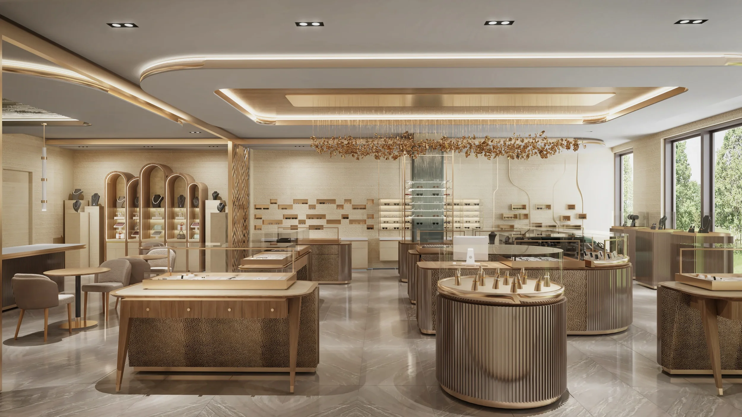 Modern kitchen with large window overlooking a green yard, with a marble kitchen counter, a bowl with a blue decorative item, and a small menu or tablet on a stand, with a wall-mounted oven on the right.