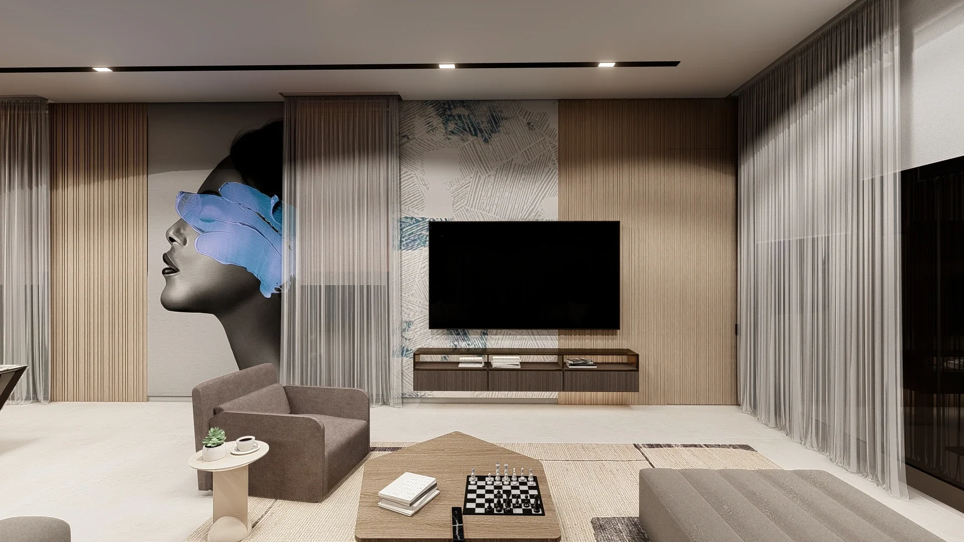 Modern living room with large wall art depicting a woman's profile, a wall-mounted TV, a beige armchair with a small side table holding a coffee cup and plant, and a coffee table with a chess set and books. The room has wood-paneled and textured glass curtains.
