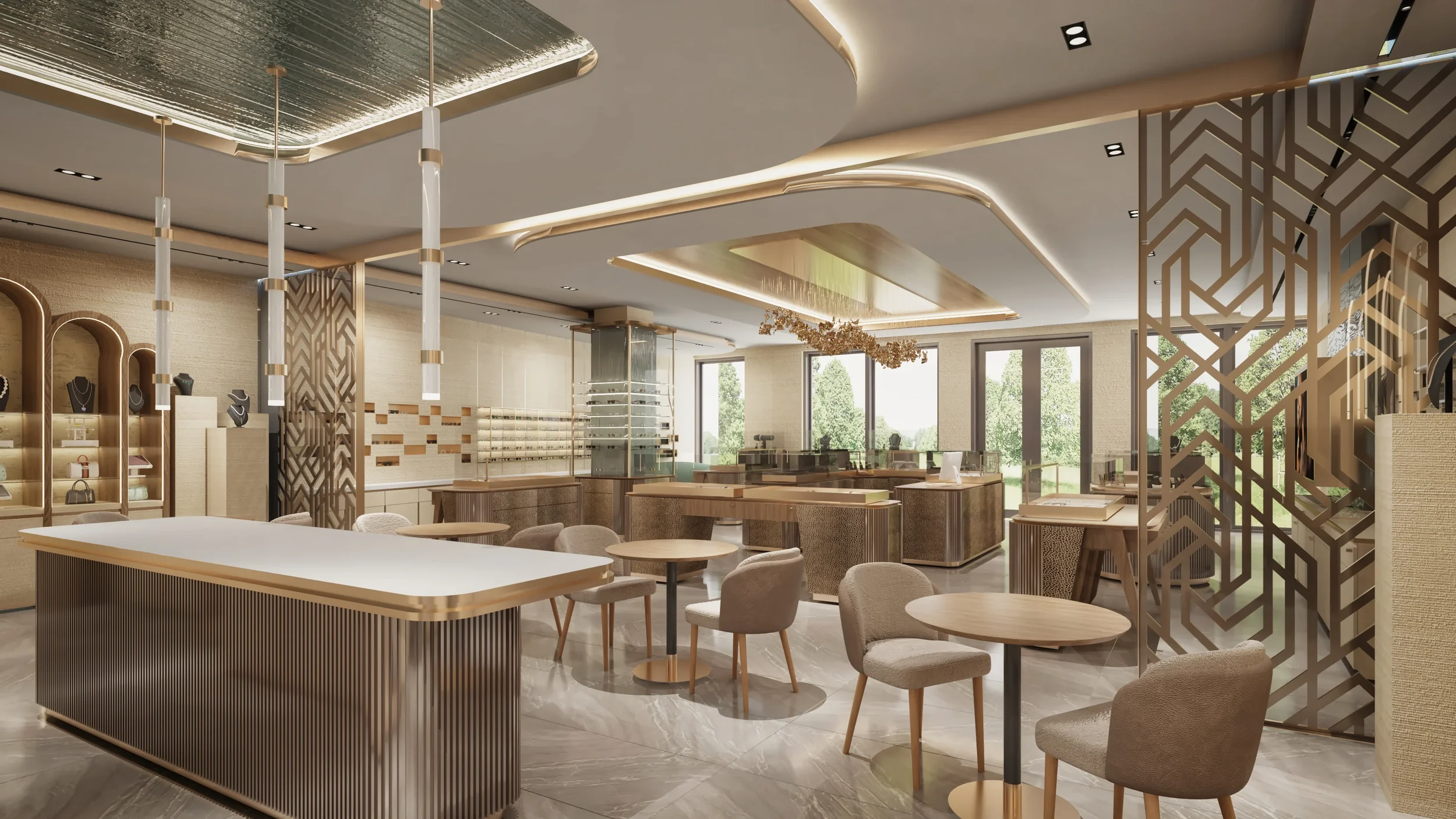 Modern walk-in closet with wood shelves, hanging clothes, shoes, and decorative flowers, illuminated with warm lighting.