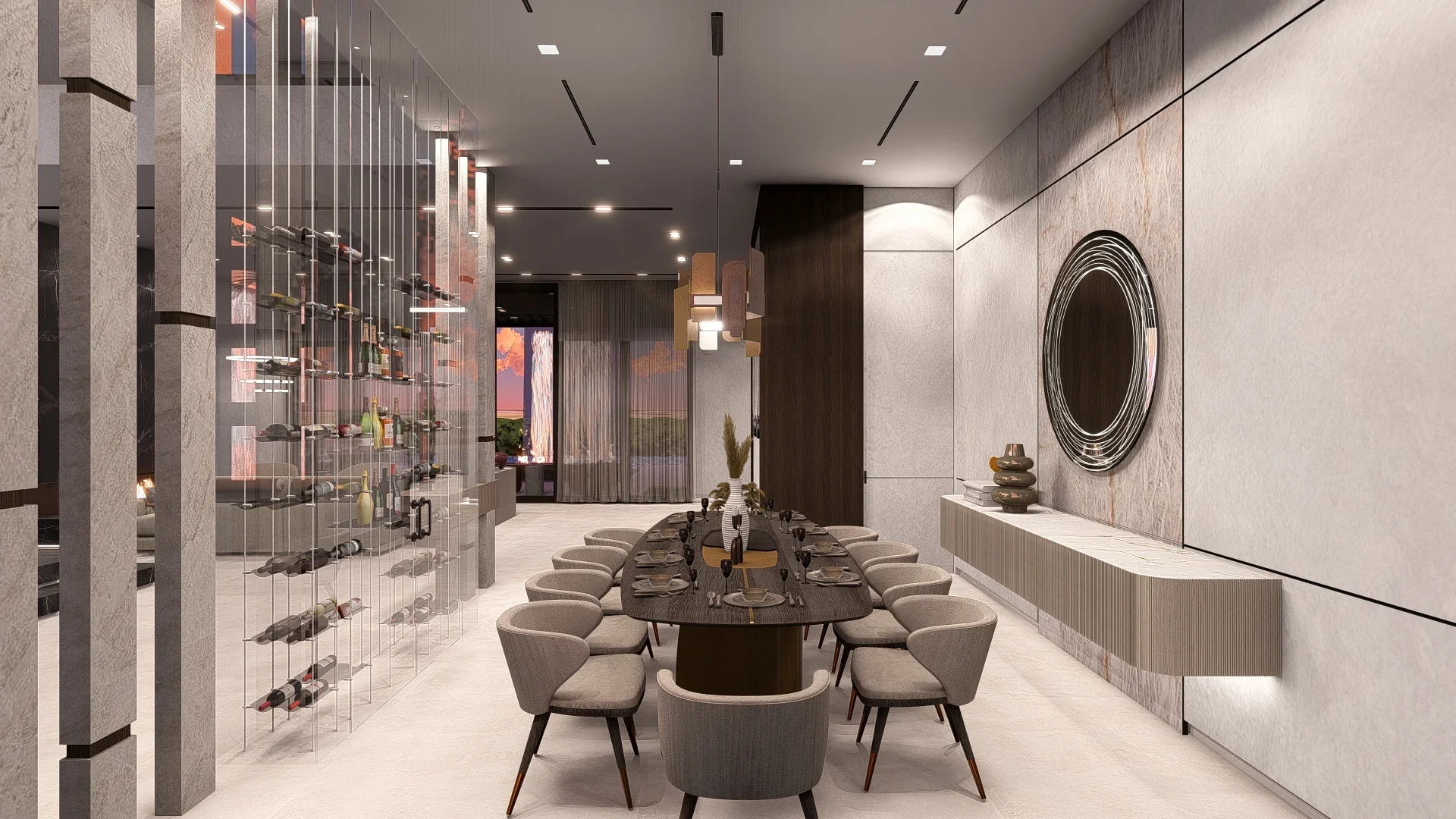 Modern dining room with a long table set for a meal, surrounded by cushioned chairs, with wine bottles on a vertical rack and a decorative wall mirror.