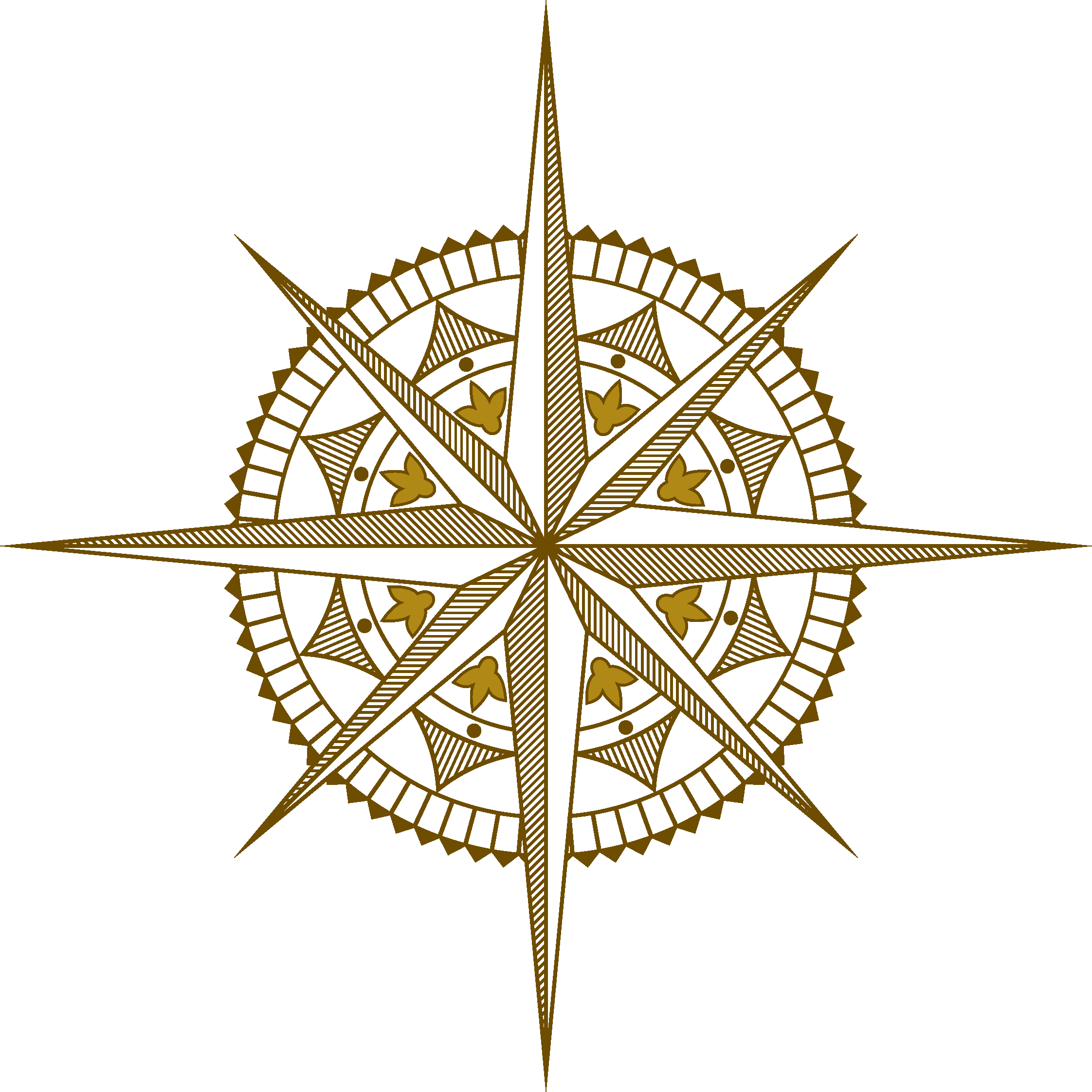 A decorative compass rose with gold and black colors, featuring intricate details and directional points.