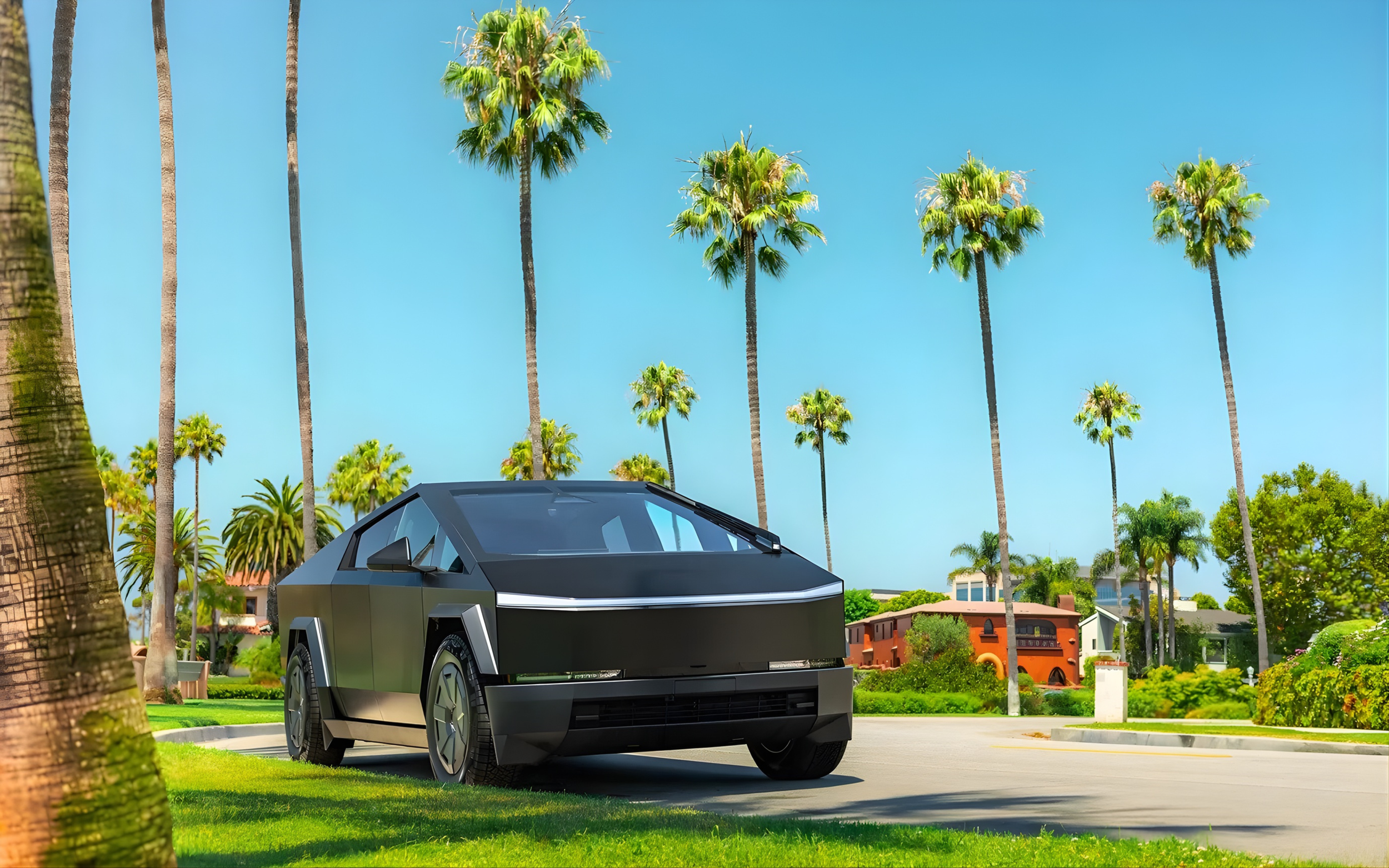 Tesla Cybertruck Cyberbeast parked under palm trees on a sunny day in Arizona — luxury electric truck available for rent from Dynasty Motorsports. Sleek futuristic design, eco-friendly performance, and perfect for luxury car enthusiasts.