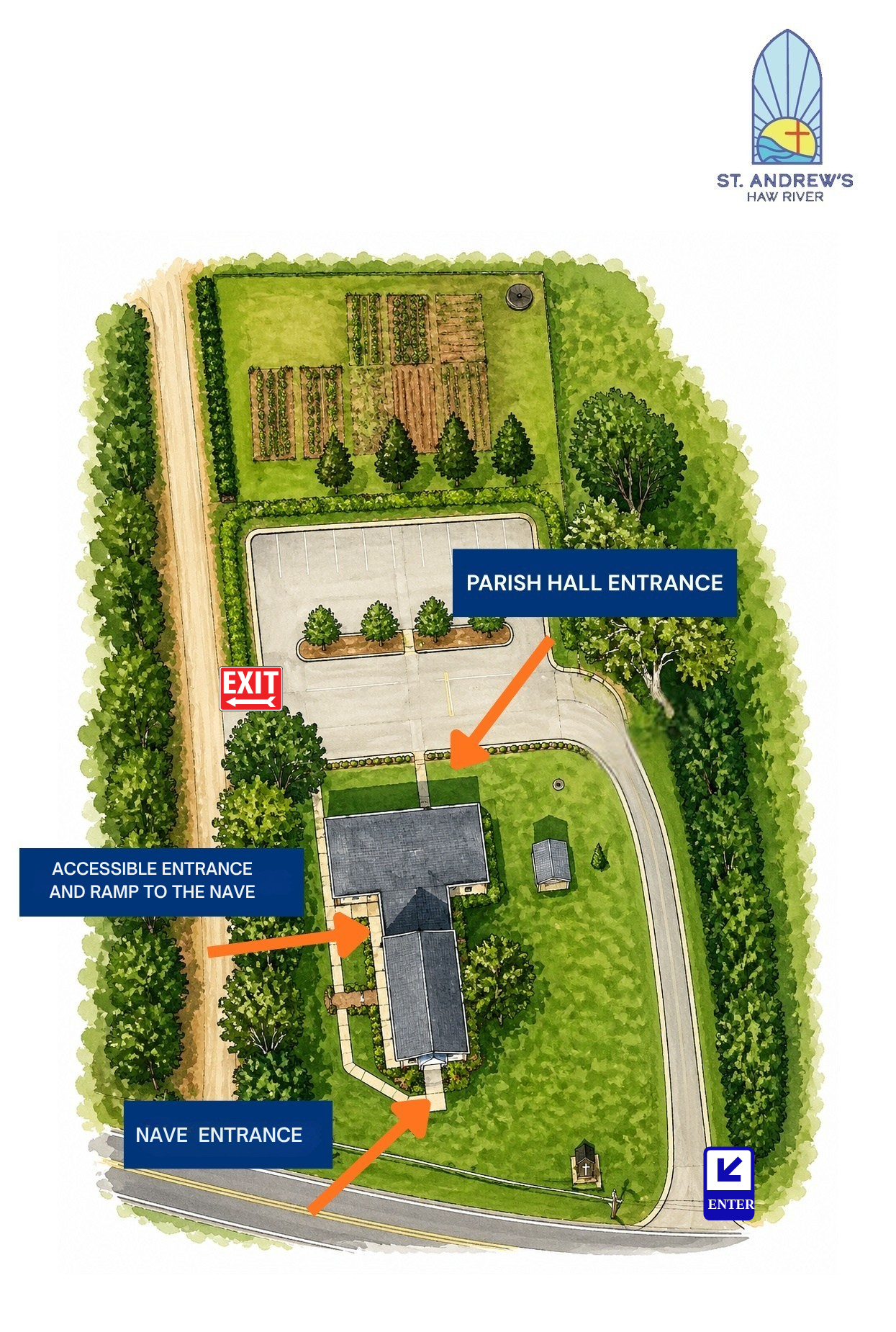 Colored map of St. Andrew's Haw River, showing entrances, parking, garden, and pathways