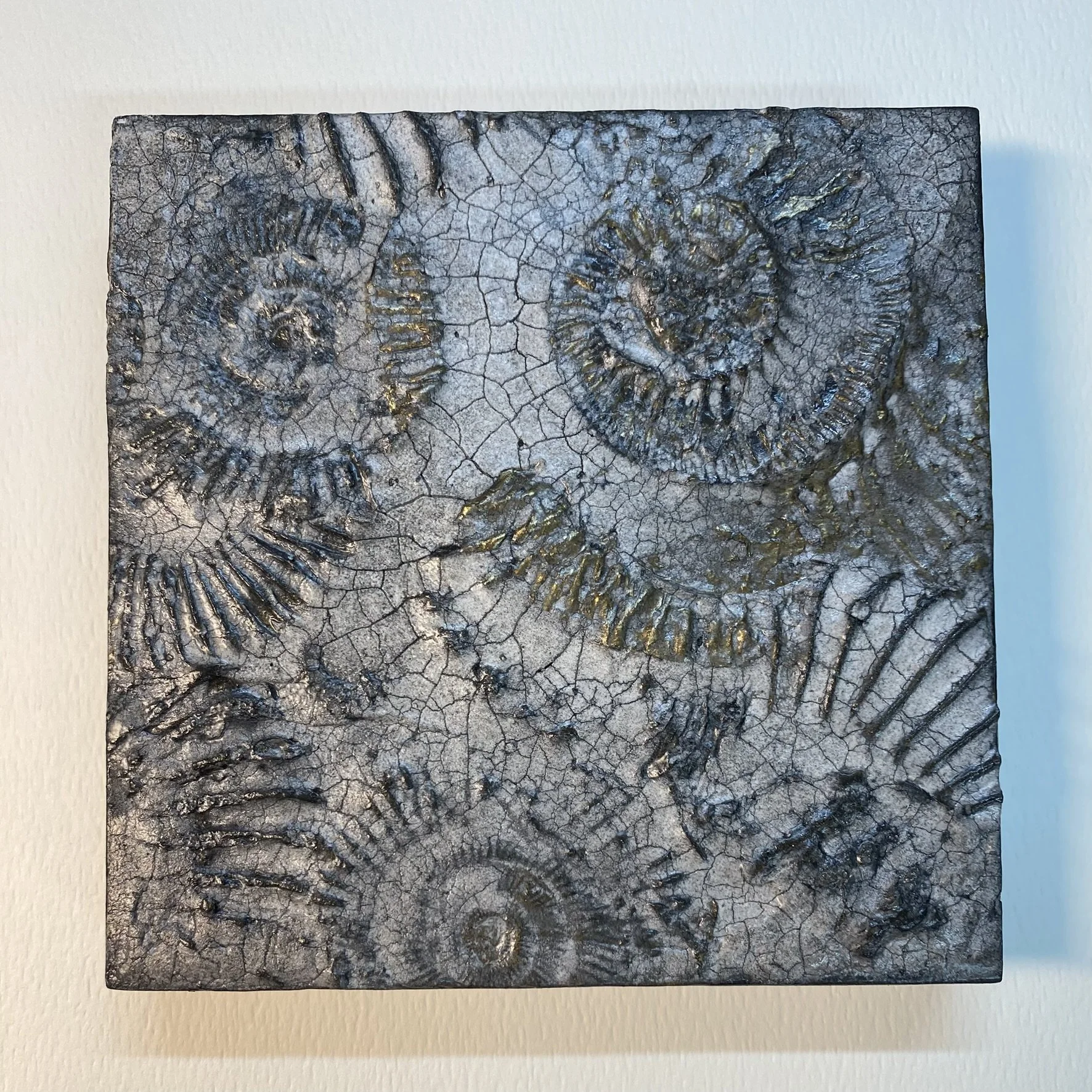 Ammonite Bed - Acrylic Mediums, embedded pyrite, silicone molds made from Lyme Regis ammonites