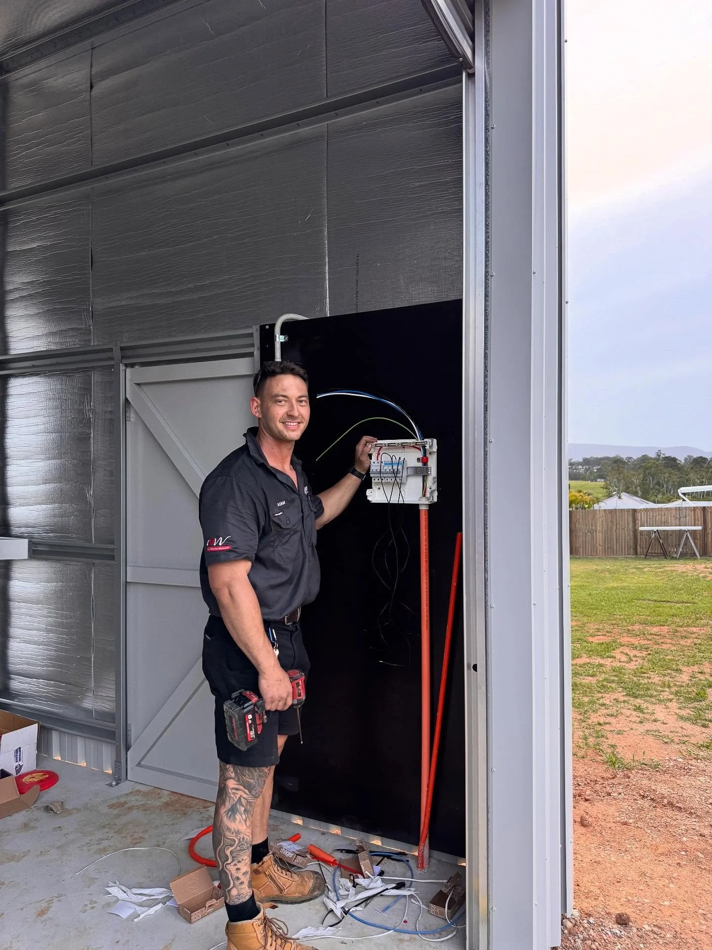 Shed fit out complete after running underground&rsquo;s a few weeks ago. 

Customer requested; 
- Data for internet and cameras 
- 3 Phase power for workshop 
- Pendant outlet for car hoist 
- &amp; plenty of light (lighting is no longer an issue) 
-