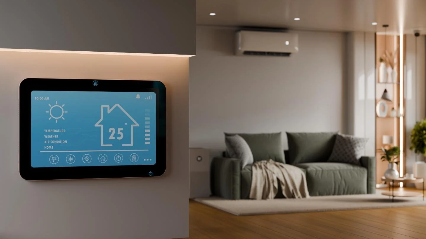 Smart home thermostat on the wall showing a temperature of 25 degrees Celsius in a living room with green sofa, pillows, and decorative shelves.